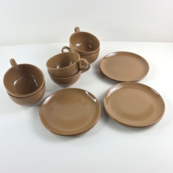 Melamine Brown Taupe Set Of 6 Tea Coffee Cups Bread Plates - Picture 1 of 7